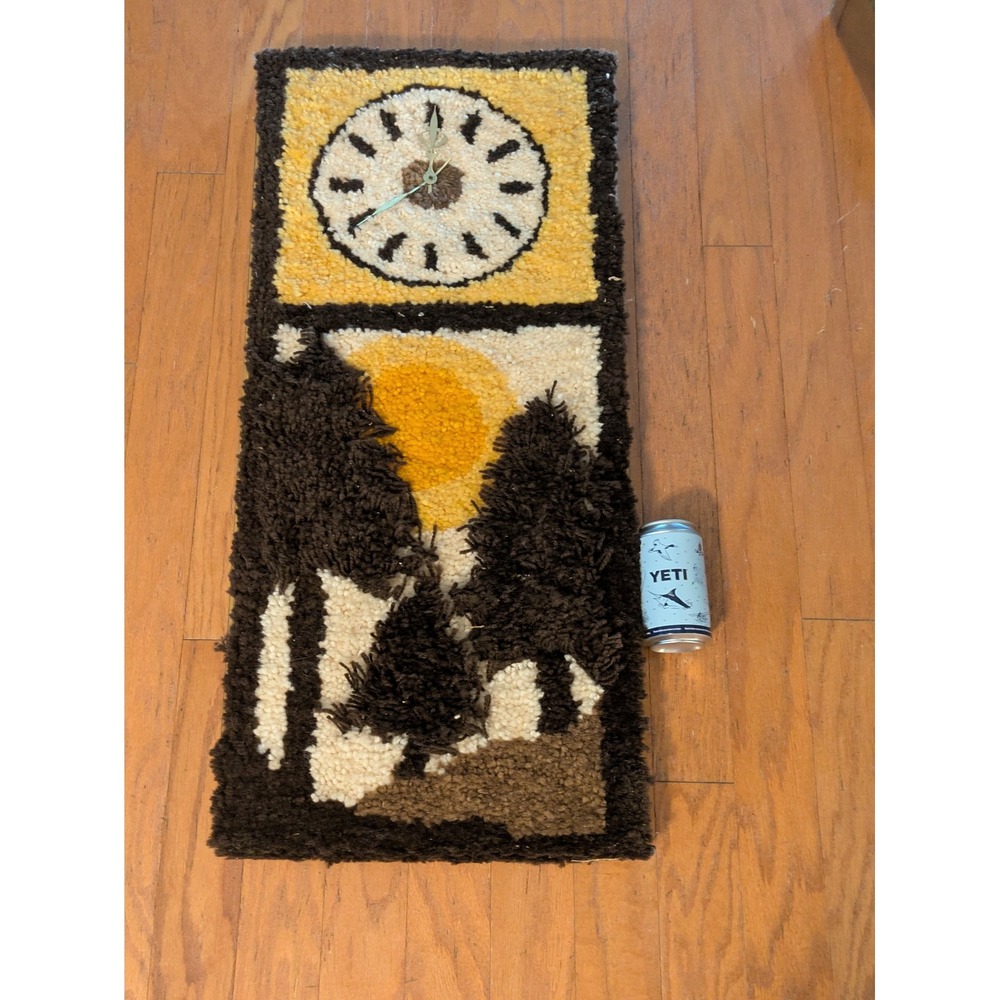 19 70s Latch Hook Rug Wall Clock Shag Fiber Art Landscape Sun Trees 34 x 16 In